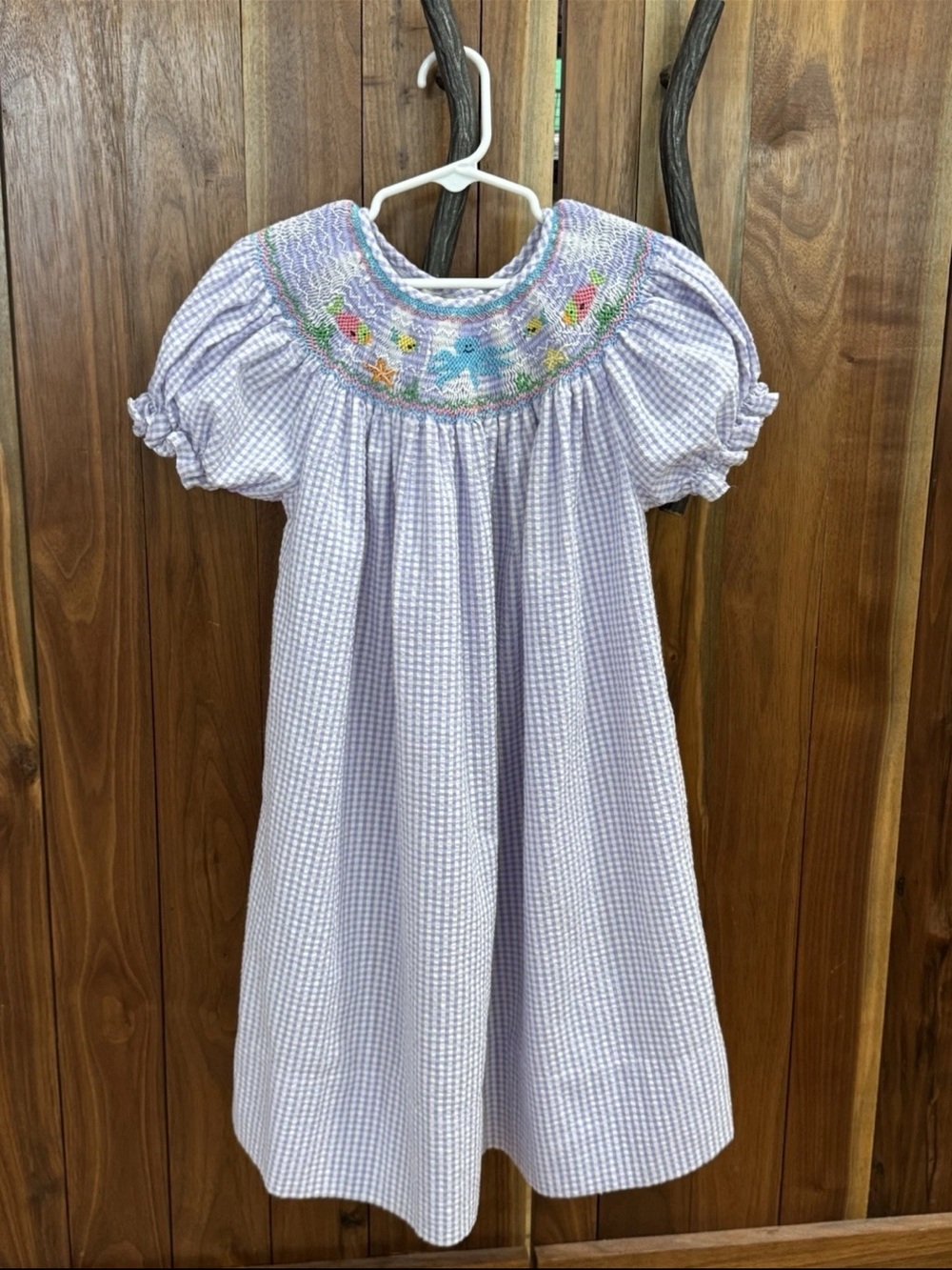 Vintage Rosalina Girls 4T Smocked Dress Purple Gingham Sea Life Embroidery RARE